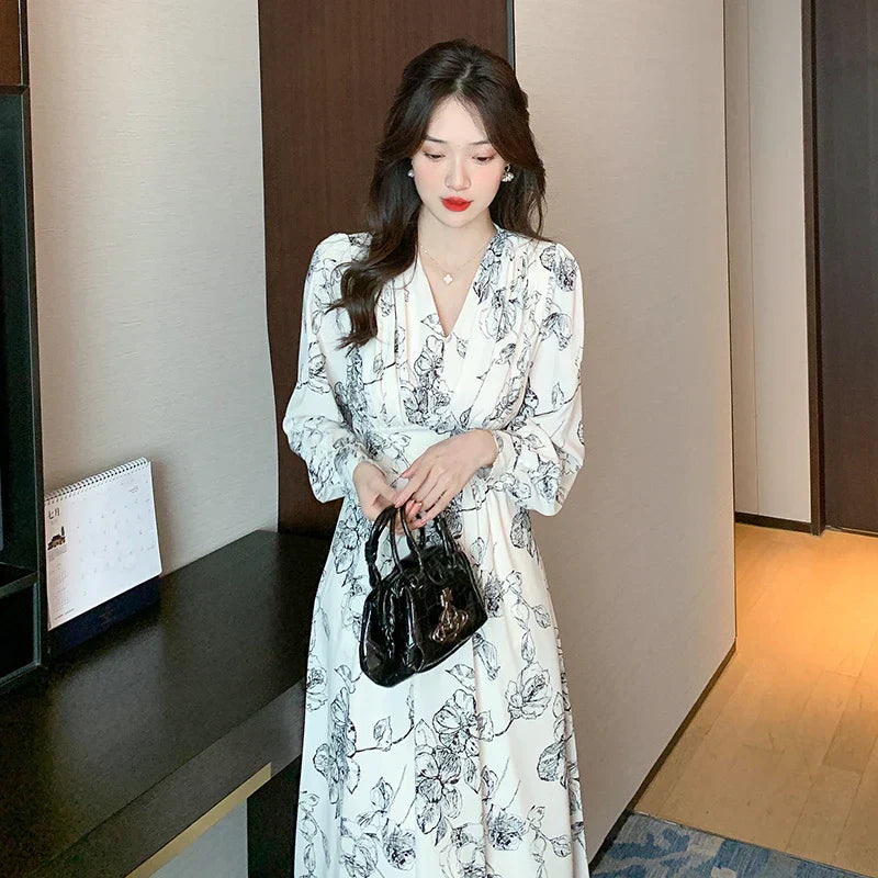 qgtao-New Vintage Floral Dress for Women with Long Sleeves Office Lady V-neck Elegant Chic Ladies Slim Print Dresses Autumn Fashion