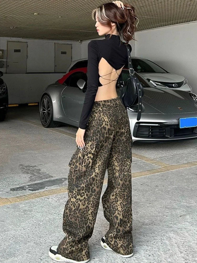 qgtao Leopard Print Pants Women Y2K High Waist Multiple Pockets Vintage Trousers Streetwear Hip Hop Loose Wide Leg Cargo Jeans