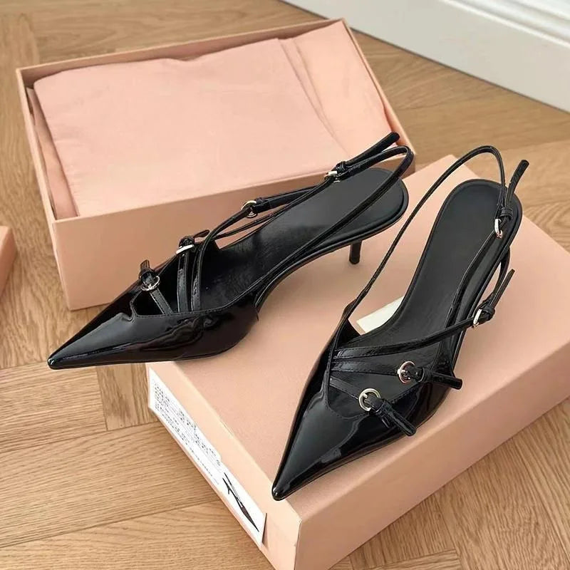 qgtao 2024 Summer New High Heels, Women's Sexy Hollow Black Silk Pointed One-line Buckle Skinny Heel Sandals, Women's Shoes