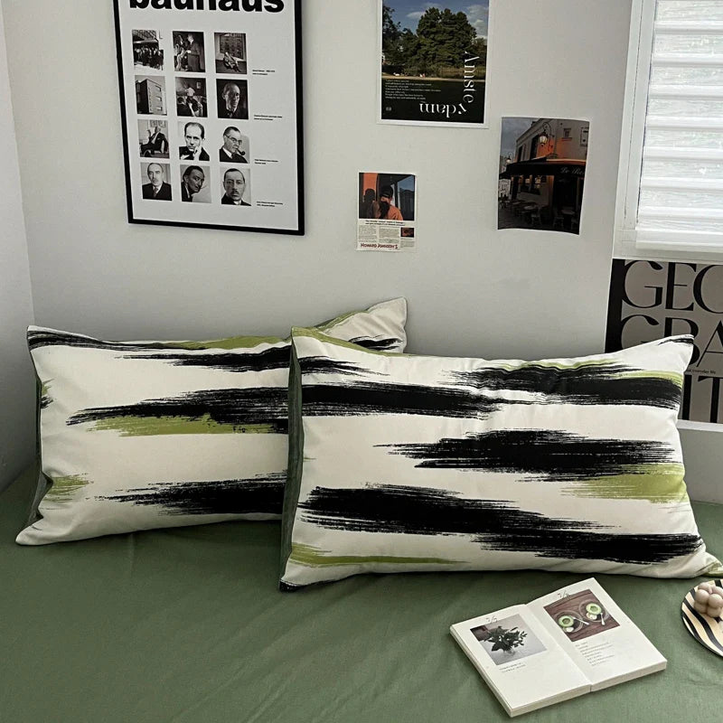 Yeknu Ins Stripe Bedding Set Green Black Duvet Cover with Pillowcase Simple Quilt Cover Adults Single Double Full Size