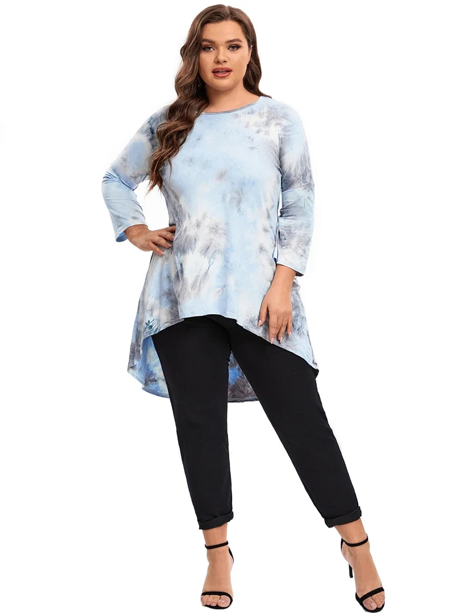 qgtao Plus Size Long Sleeve Elegant Tie Dye Tunic Tops Long Loose Autumn Hi Low Swing Blouse T-shirt Plus Size Clothing Women 6XL 7XL
