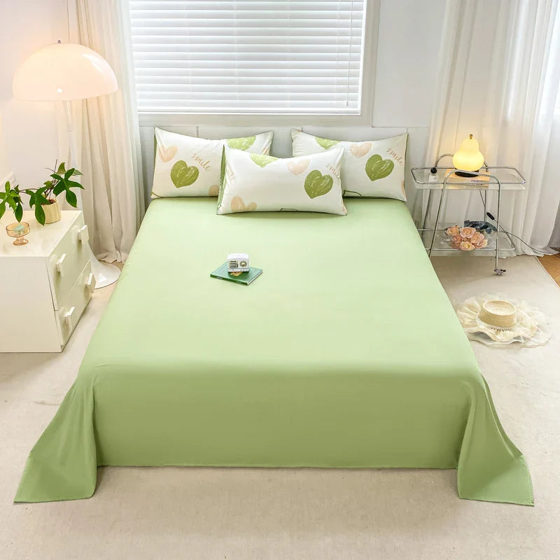 Yeknu Sweet Green Heart-Shaped Princess Girls Duvet Covers Simple Quilt Cover Bed Flat Sheet Pillowcase Washed Cotton Bed Linens