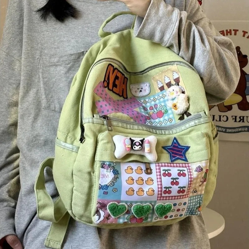qgtao Y2k Kuromi Womens Backpack Canvas Patchwork Vintage Fashion University Backpack Large Capacity Casual Harajuku Students Bag