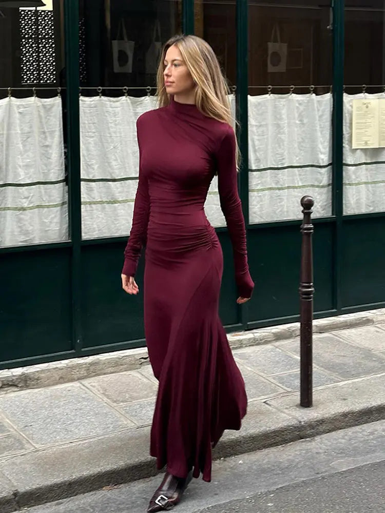 Female Fashion Sexy Solid Half High Collar Slim Dress Elegant Chic Long Sleeve Dresses 2024 Autumn Women High Street Vestidos