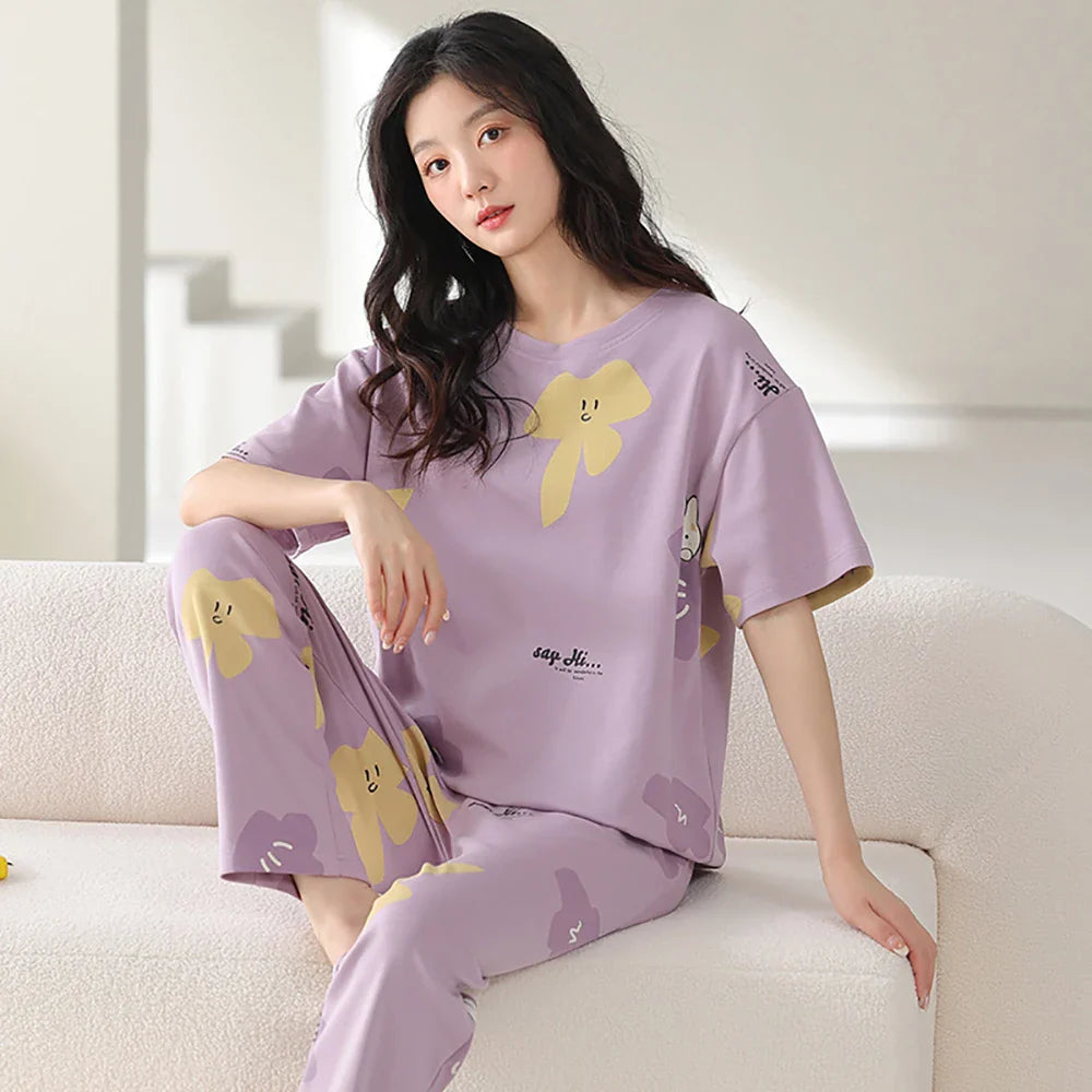 qgtao M-2XL 100% Cotton Women's Pajamas Casual Summer Short Sleeve Thin Pijama Sets Breathable Soft Pajama Sleepwear With Two Pockets