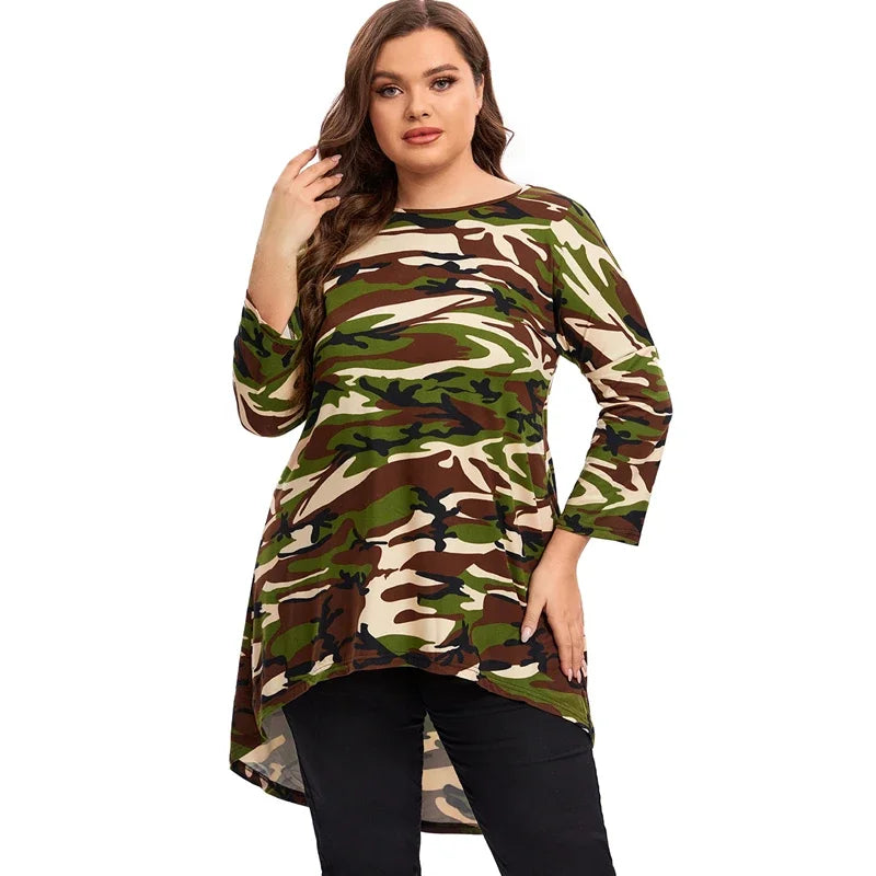 qgtao Plus Size Long Sleeve Camouflage Tunic Tops Long Loose Elegant Autumn Hi Low Swing Blouse T-shirt Plus Size Clothing Women 6XL