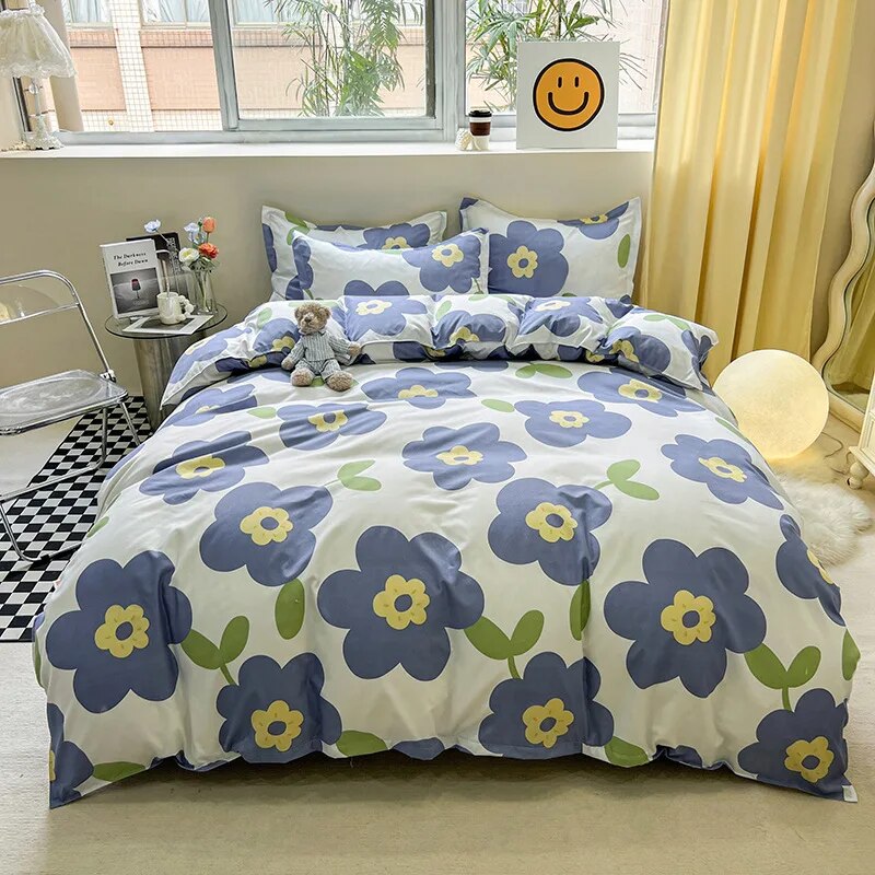 Yeknu - Floral Printed Duvet Cover Set with Sheet Pillowcases Warm Cute Cartoon Bed Linen Full Queen Size Home Gift Bedding Set