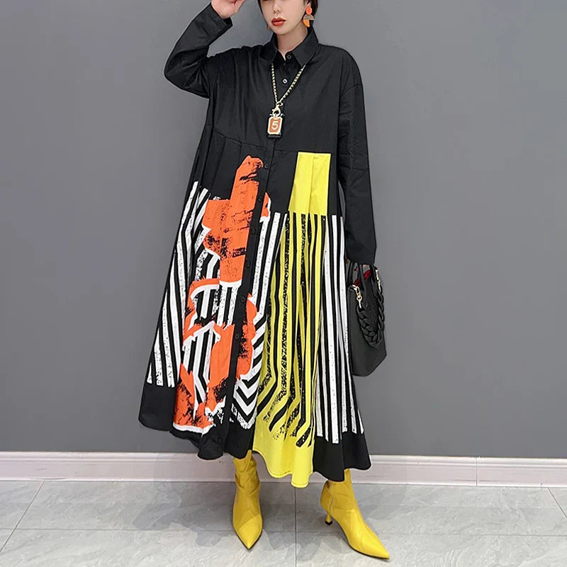 qgtao Big Size Loose Fit Chic New Autumn Woman Long Sleeve Black Blue Print Striped Shirt Dress Korean Style Casual Large Robe JJXD377