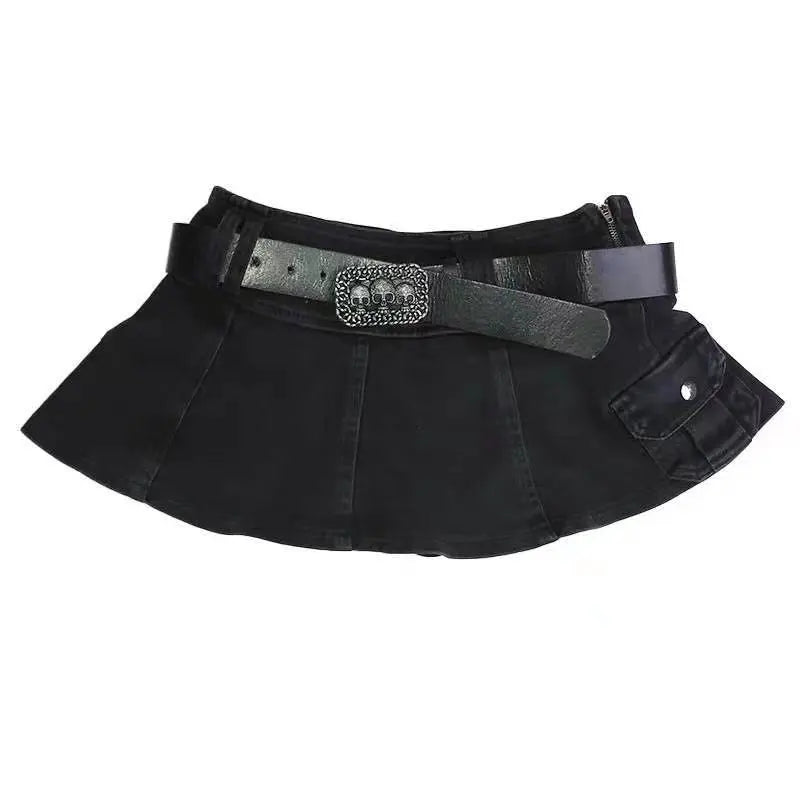 qgtao Ins Harajuku Low Waist Mini Pant Skirt with Belt Women Sexy Black Sashes Denim Skirts Female Punk Grunge Clubwear Mujer