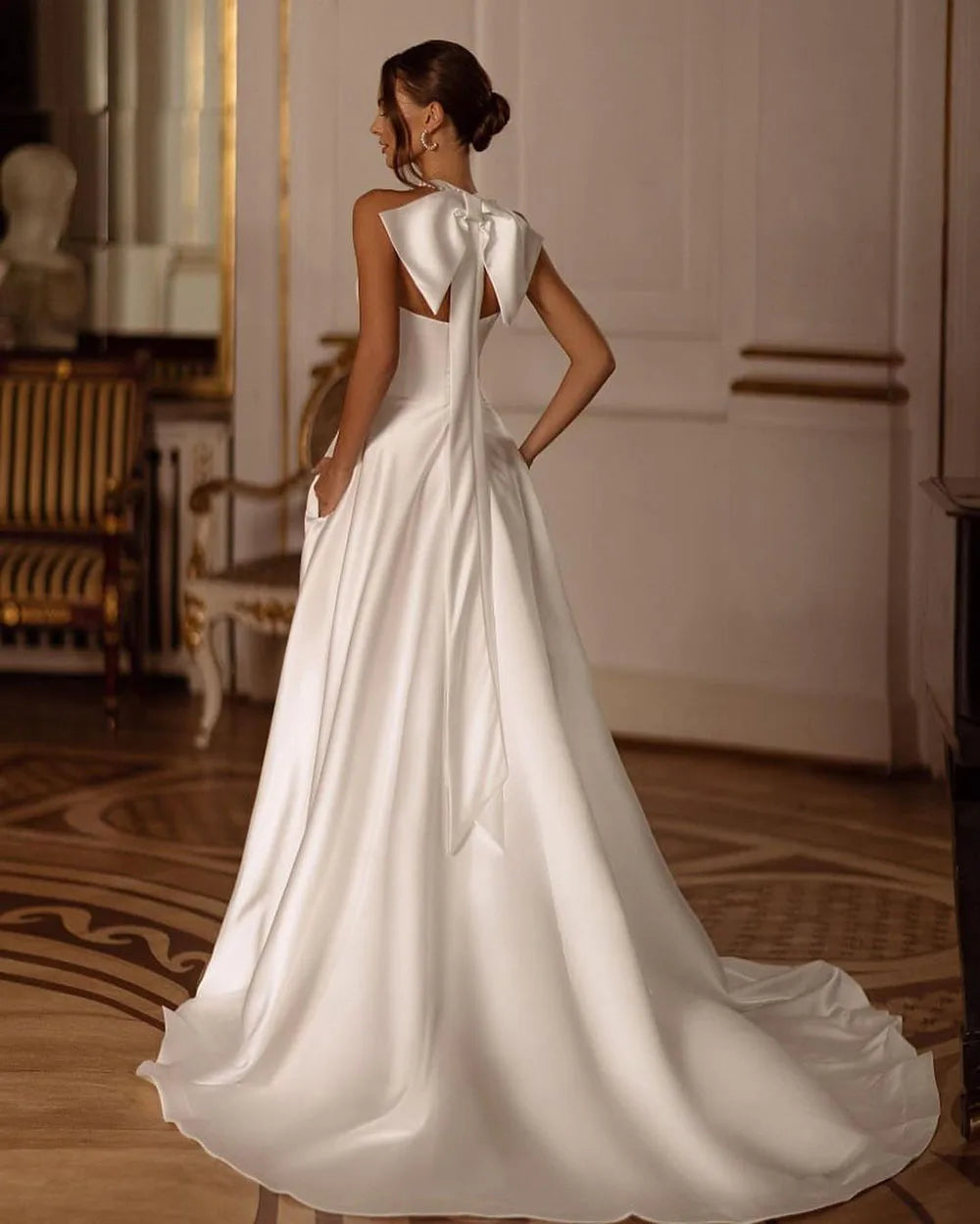 qgtao Modern Mermaid Wedding Dress Halter Neck Bow Sexy Side Split Boho Wedding Gown With Pocket Bride Dresses