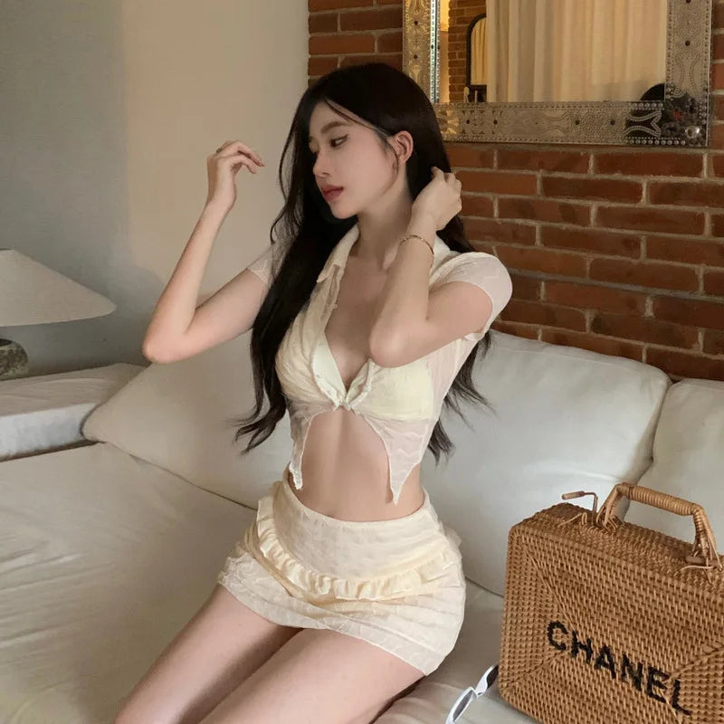 qgtao 2024 Women Two-Piece Swimwear Swimsuit White Korean Style 2 Piece Beach Wear Swimsuit Set With Skirt And Cardigan