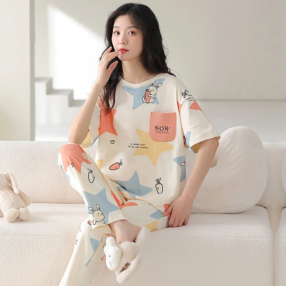 qgtao M-2XL 100% Cotton Women's Pajamas Casual Summer Short Sleeve Thin Pijama Sets Breathable Soft Pajama Sleepwear With Two Pockets