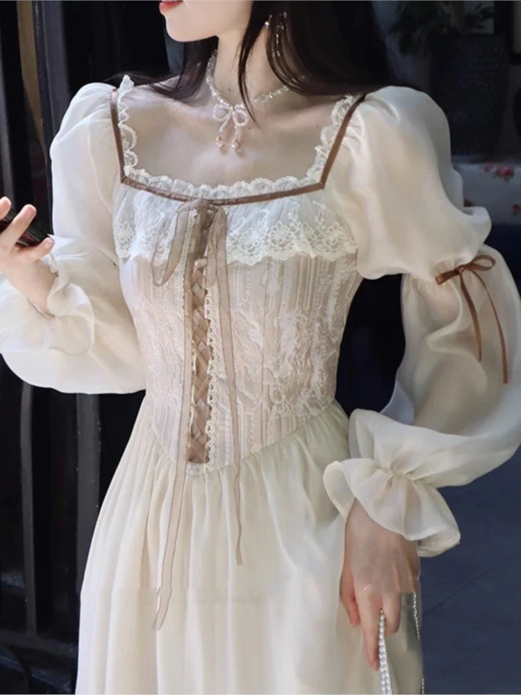 qgtao Autumn Fairy Midi Dresses for Women Lace-up Korean Fashion Slim Wasit A Line Princess Party Dress Vintage Court style Vestidos