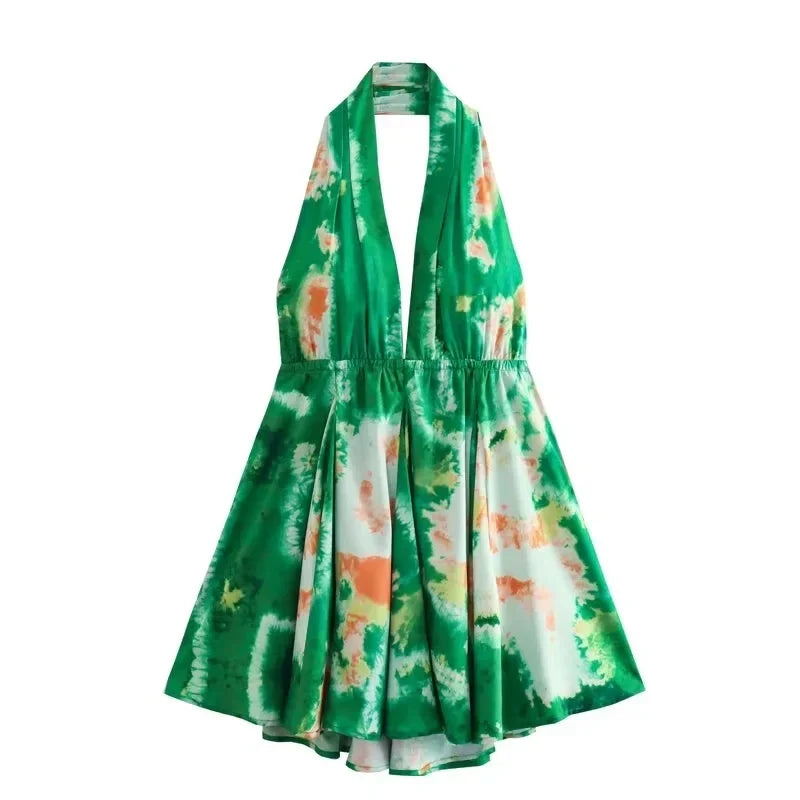 qgtao Boho Flower Print Halter Mini Dress Women Fashion 2023 Beach V Neck Sexy Backless Dress Holiday Party Dress