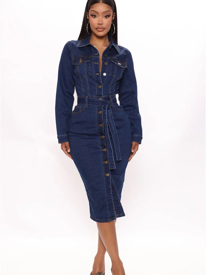Vintage Denim Dresses for Women Autumn Clothes Long Sleeve Button Up Bodycon Jean Dress Streetwear Elegant Midi Dress Robe Femme