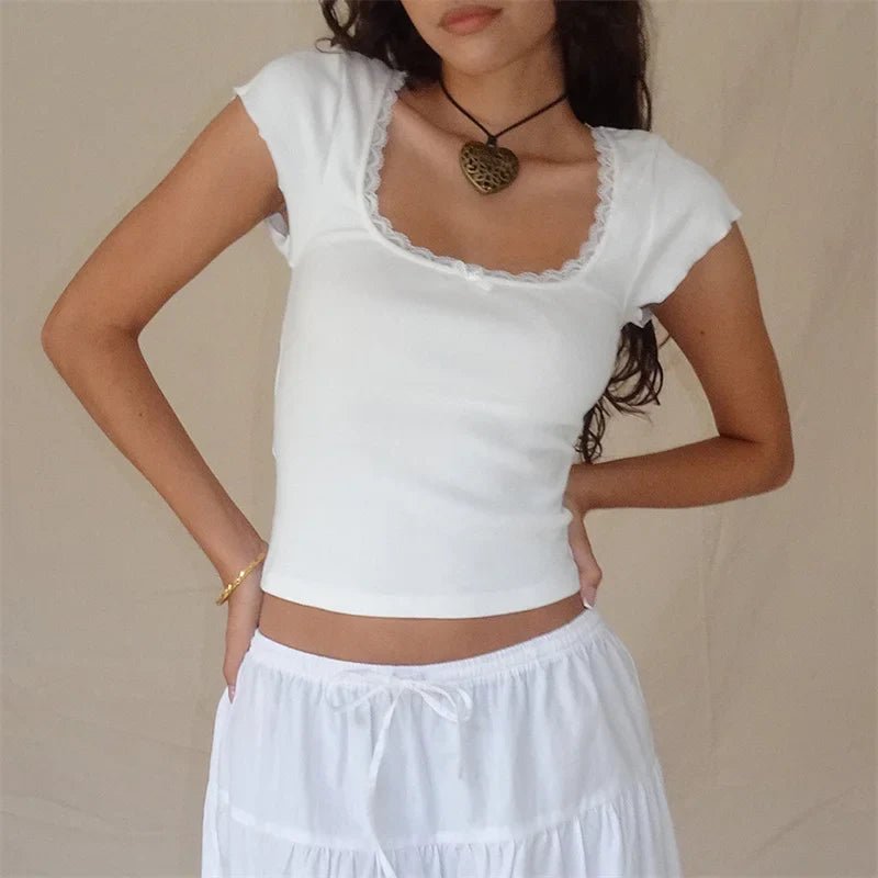 qgtao y2k Vintage Baby Tee Cottage Lace Trim Knitted T-Shirt Summer Square Neck Short Sleeve Tee Shirt Women White Milkmaid Crop Top