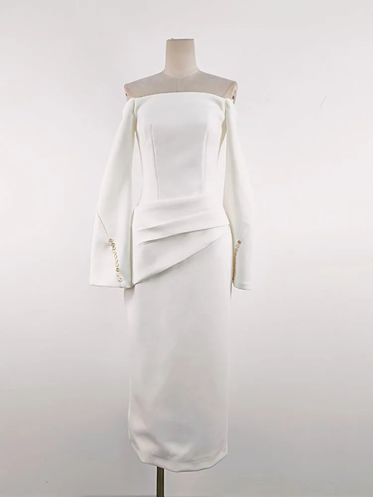qgtao Fashion Women's Dress Slash Neck Flare Sleeves Folds Button Decorate Slim Ankle-length Dresses Summer 2024 New Tide 13DL10