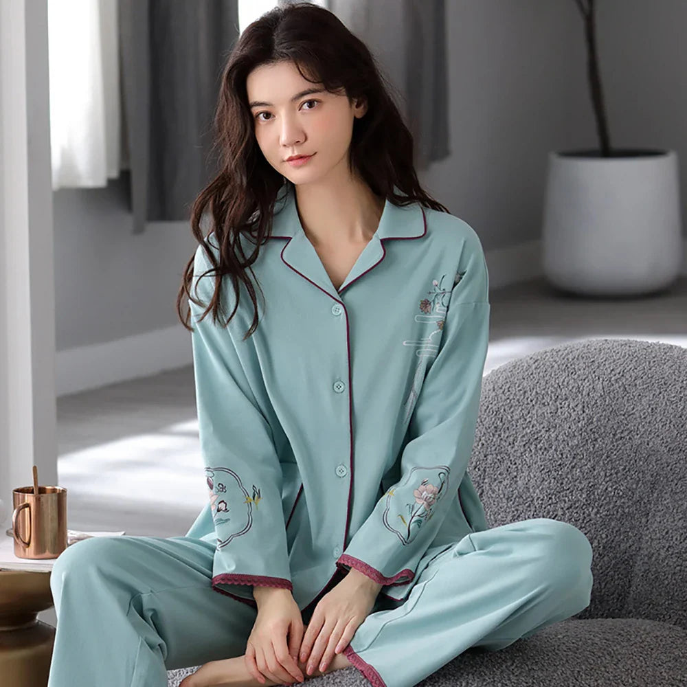 qgtao M-3XL 100% Cotton Elastic Waist Trousers Sets Spring Autumn Print Sleepwear Women's Big Size Pajama Breathable Soft Pijama Mujer