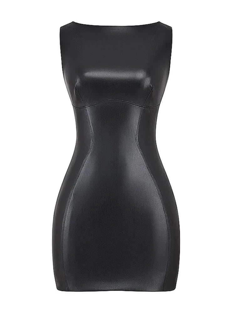 Boxtoday Sexy Woman Leather pu Mini Dress Fashion Round Neck Sleeveless Bodycon Fit Dresses Causal Solid Party Club Office Lady Robes