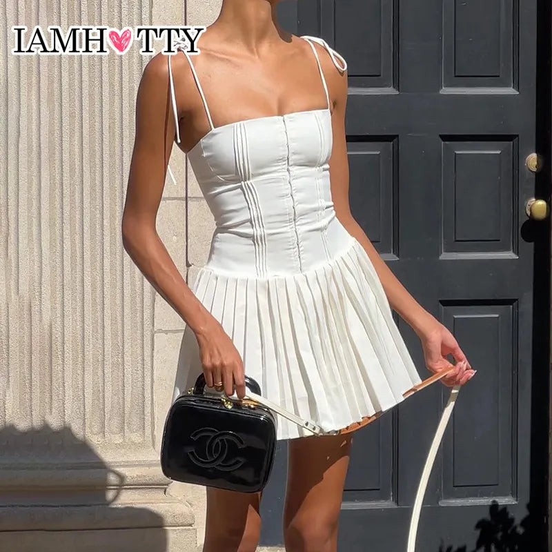 qgtao Party Holiday A-line Pleated Sleeveless Corset Dress White Buckle Up Lace-up Straps Chic Mini Dresses High Streetwear