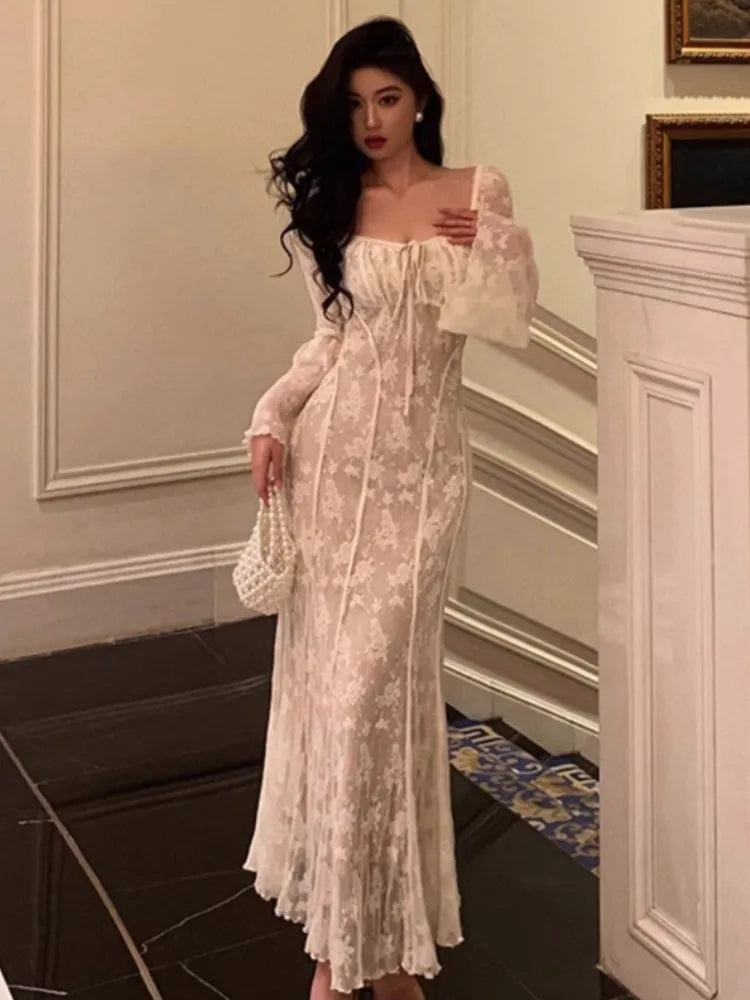 qgtao Autumn Elegant Flare Sleeve Bodycon Midi Dresses for Women New Slim Mermaid Wedding Runway Party Lace Vestidos Vintage Clothing