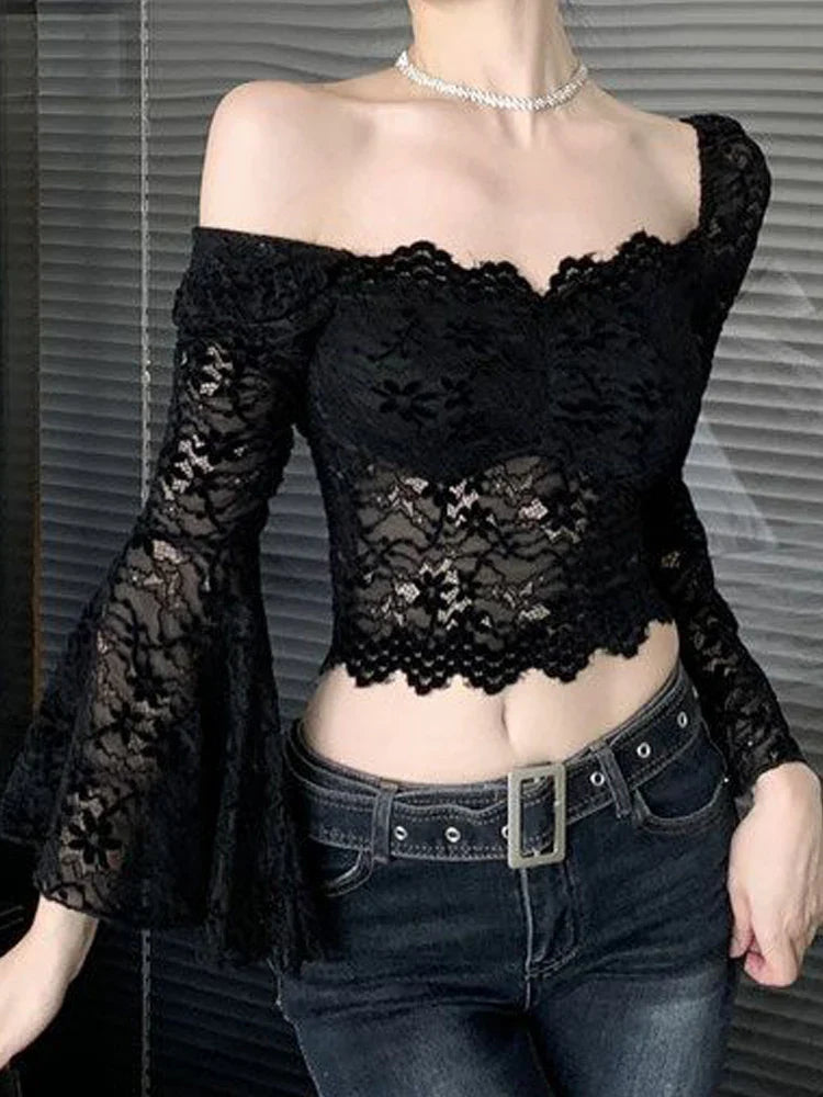 qgtaol Lace Crop Tops Women Sexy Off Shoulder Blouses Female Vintage Fashion Slim Tee Ladies Elegant Chic Slash Neck