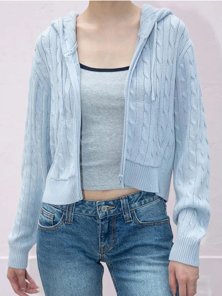 Solid Twist Knitted Hooded Cardigan Women Autumn Casual Cotton Ribbed Trim Zip-up Sweater Vintage Streetwear Cropped Tops Coat
