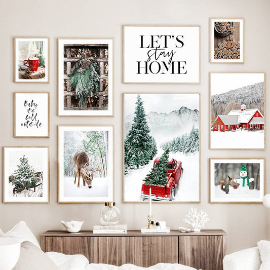 Christmas Tree Red Vintage Car Deer Cafe Wall Art Canvas Painting Living Room Decoration Posters And Prints Home Wall Pictures