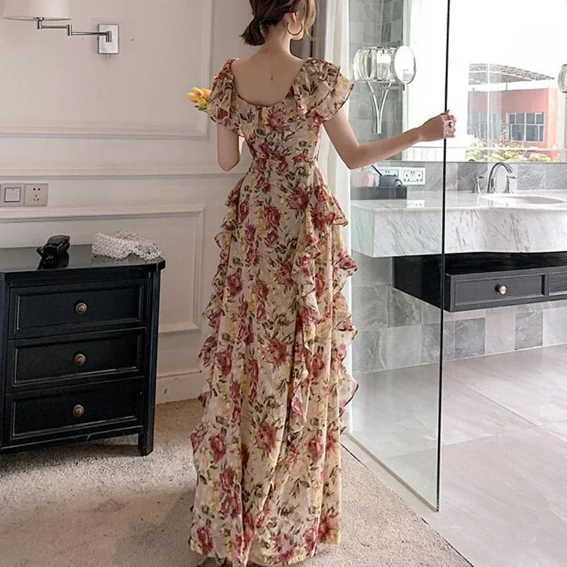 qgtao French Elegant 2000s Vintage Dress Women Floral Floor-Length Sexy Wedding Party Long Boho Dress Beach Style 2024 Summer Y2k Chic