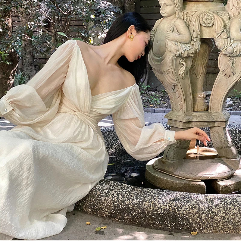 qgtao Vintage Korean V-neck Pleated Maxi Dresses for Women Ladies Party Fringed Lace Puff Sleeve Ruffled Lady Dreses Elegant Summer