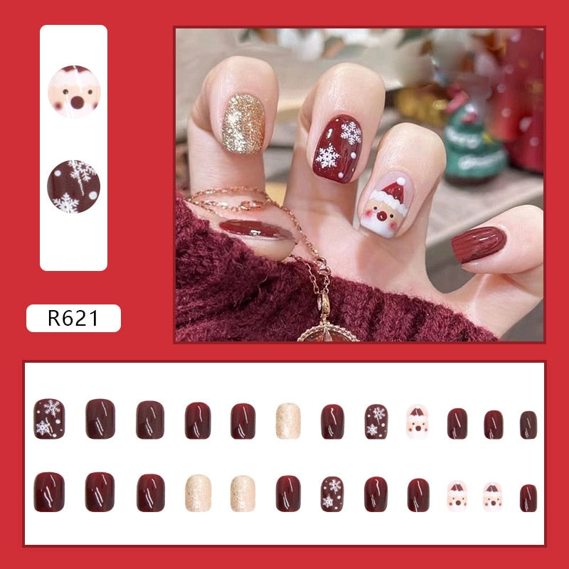 24pcs/Box Detachable Coffin False Nails Wearable French Ballerina Christmas Fake Nails Full Cover Nail Tips Press On Nails