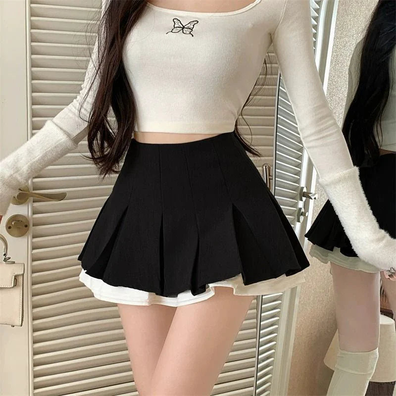 qgtao Black White Splicing Pleated Skirt Women Kawaii High Waist Mini Skirts Fashion School Girls Harajuku Streetwear Sexy Summer Y2k