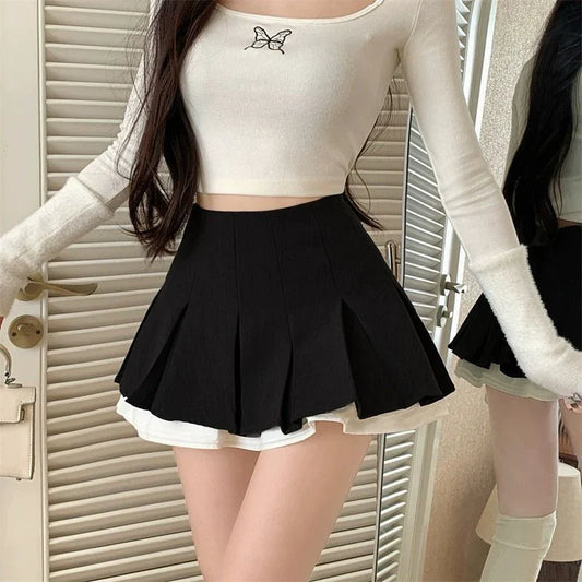 qgtao Black White Splicing Pleated Skirt Women Kawaii High Waist Mini Skirts Fashion School Girls Harajuku Streetwear Sexy Summer Y2k