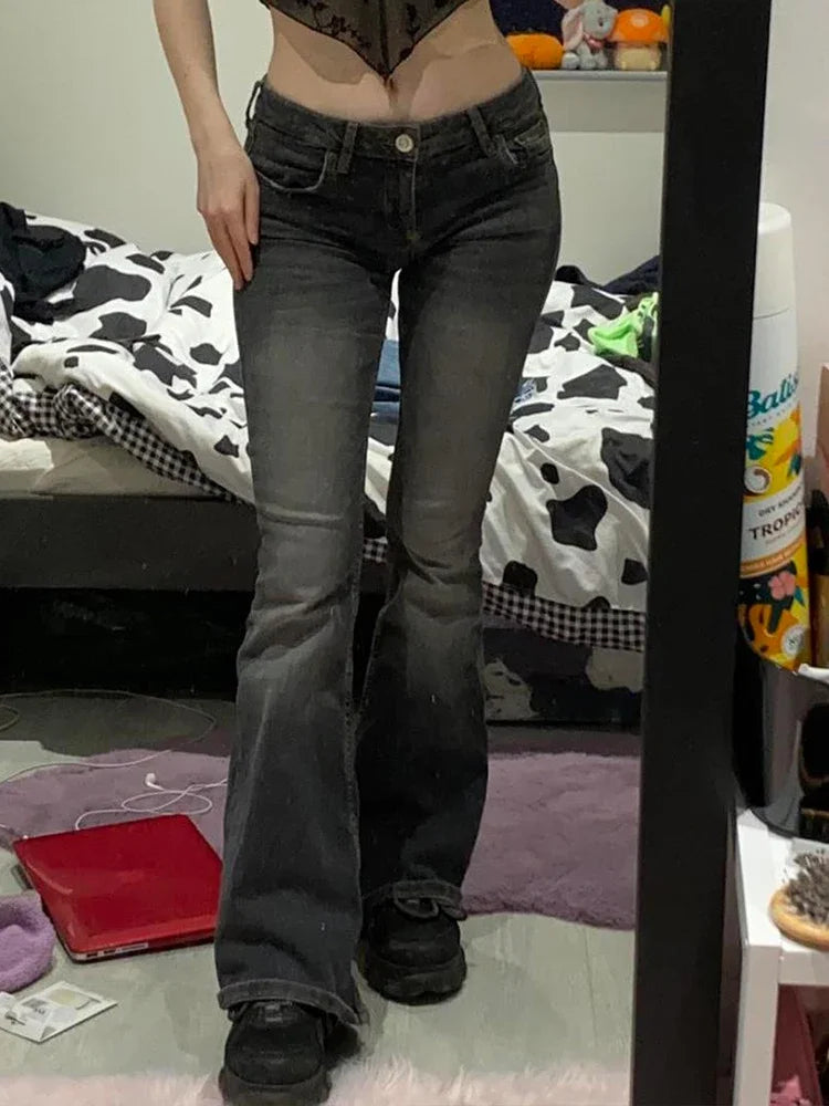 qgtao Y2K Tie Dye Flare Jeans Vintage Strecthy Low Waisted Pants Women Grunge Basic Korean Mom Jeans Casual Streetwear2000s