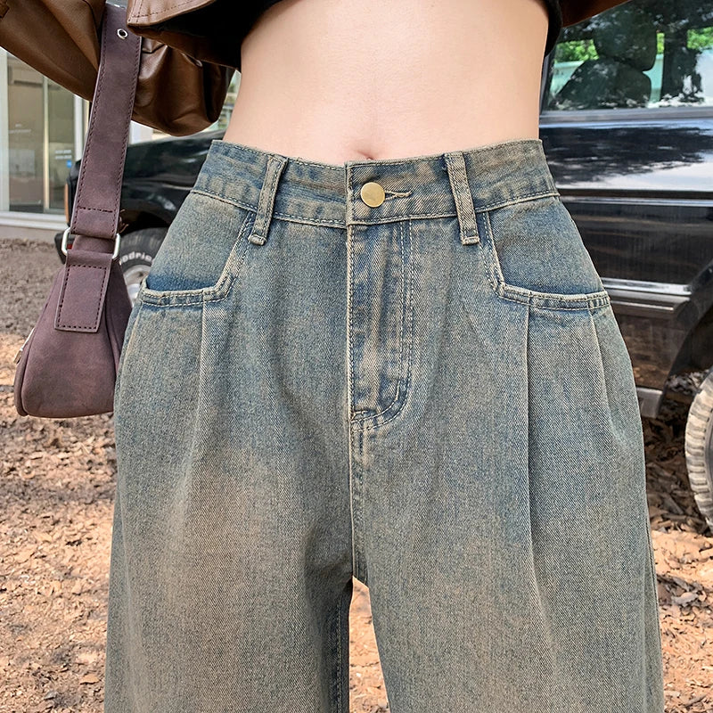 qgtao Retro American Do Old Basic Simple Woman Jeans New Loose Slim Chicl Woman Jeans High Waiste Fashion Street Pants Female