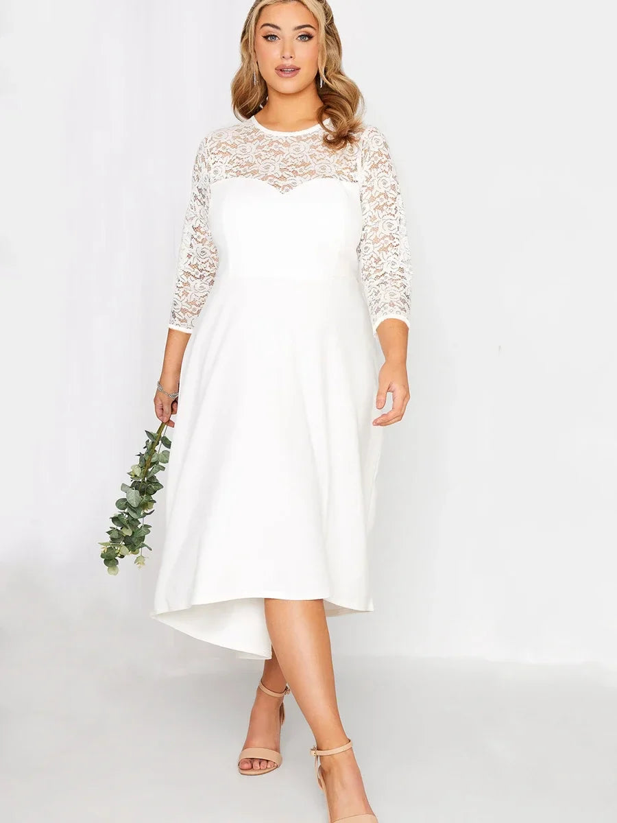 qgtao Plus Size 3/4 Lace Sleeve Spring Autumn Elegant Party Dress Women White Flt Flare Midi Dress Large Size Night Out Wedding Dress