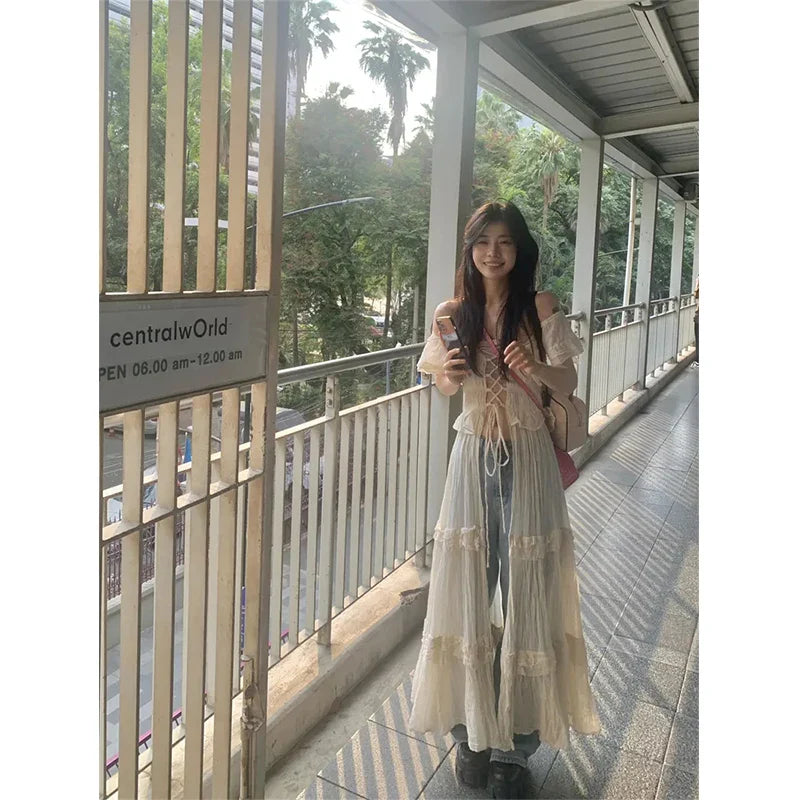 qgtao Sweet Ruffles Dress Women Y2K Slash Neck Bandage Robe Vintage Streetwear Hollow Out Dresses Korean Tunic Maxi Vestidos New