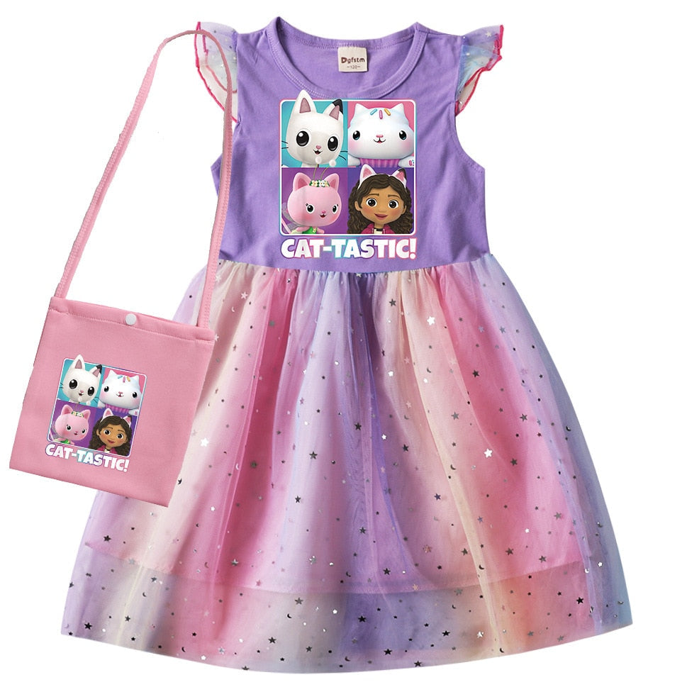 Gabbys Dollhouse Clothes Baby Girls Sleeveless Dresses with Small Bag Kids Cartoon Cats-tastic Wedding Party Princess Vestidos
