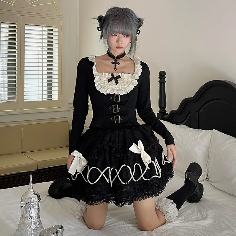Karrram Japanese Y2k Black Short Skirt Vintage Gothic Lace Mini Skirt Lolita Harajuku Ball Gown Skirt 2000s Aesthetic Cake Skirt