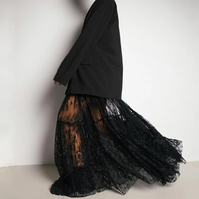 HOUZHOU Black Long Lace Skirt Women Summer Sexy High Waist A-line Casual Transparent Midi Skirt Party Evening Dress Female