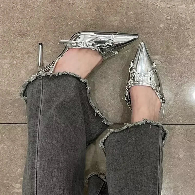 qgtao Y2K Silver High Heels Sandals Women Summer 2024 Punk Goth Pointed Toe Party Shoes Woman Metallic Thin Heeled Dress Pumps Ladies