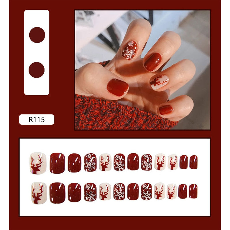 24pcs/Box Detachable Coffin False Nails Wearable French Ballerina Christmas Fake Nails Full Cover Nail Tips Press On Nails
