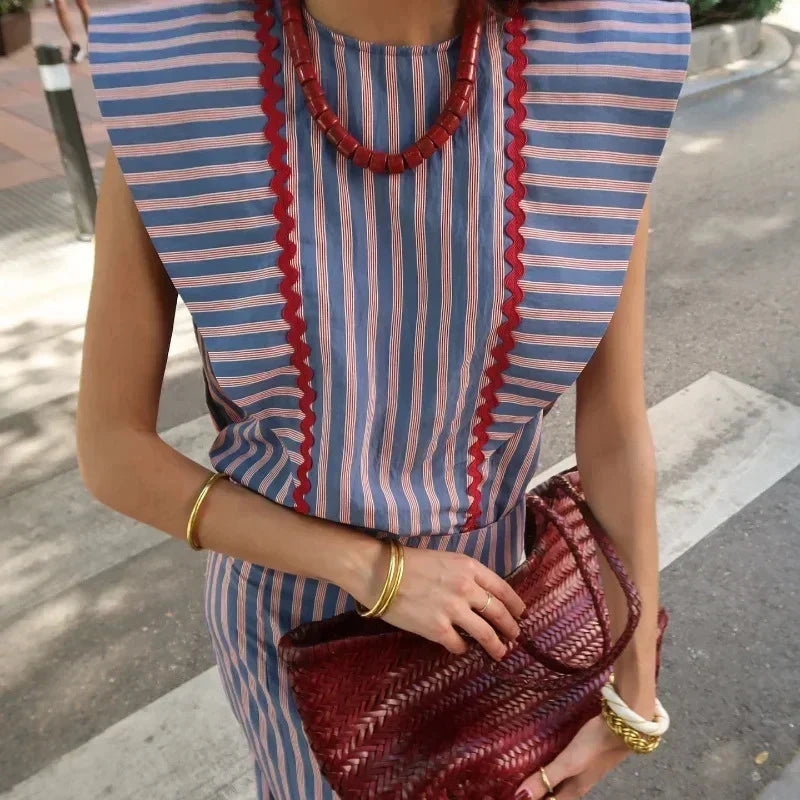qgtao - 2024 Elegant Stripe Patchwork Print 2Pc Outfits Casual O-neck Flying Sleeve Top & Long Skirt Suit Women Fashion Draped Skirt Set