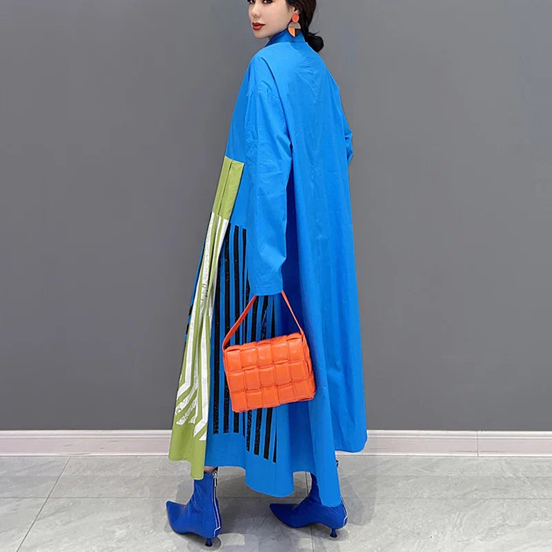 qgtao Big Size Loose Fit Chic New Autumn Woman Long Sleeve Black Blue Print Striped Shirt Dress Korean Style Casual Large Robe JJXD377