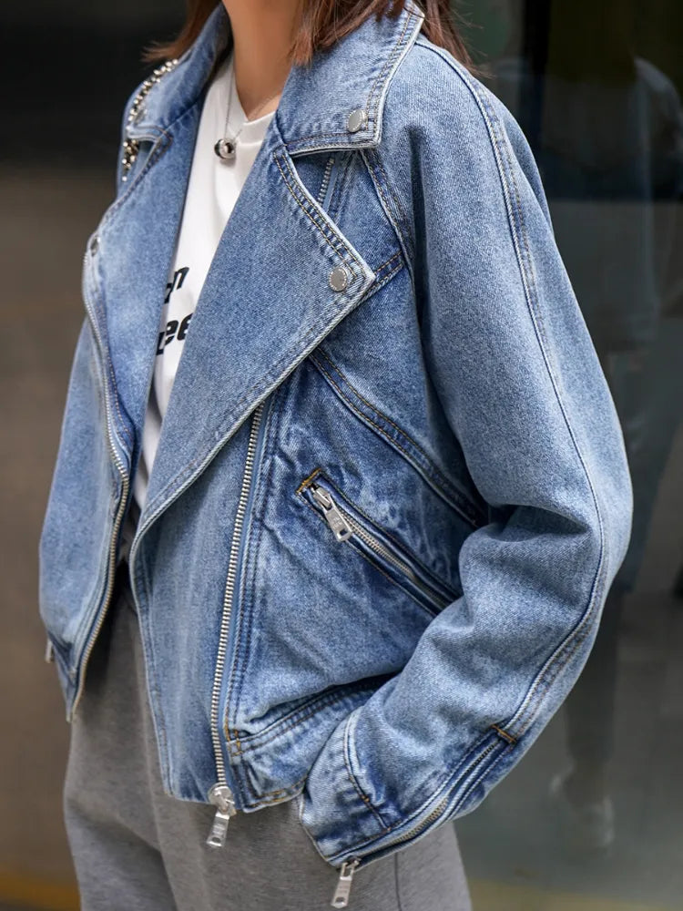 qgtao New Spring Autumn Motorcycle Denim Jacket Women Fashion Lapel Zipper Short Cowboy Streetwear Vintage Loose Coat Outwear