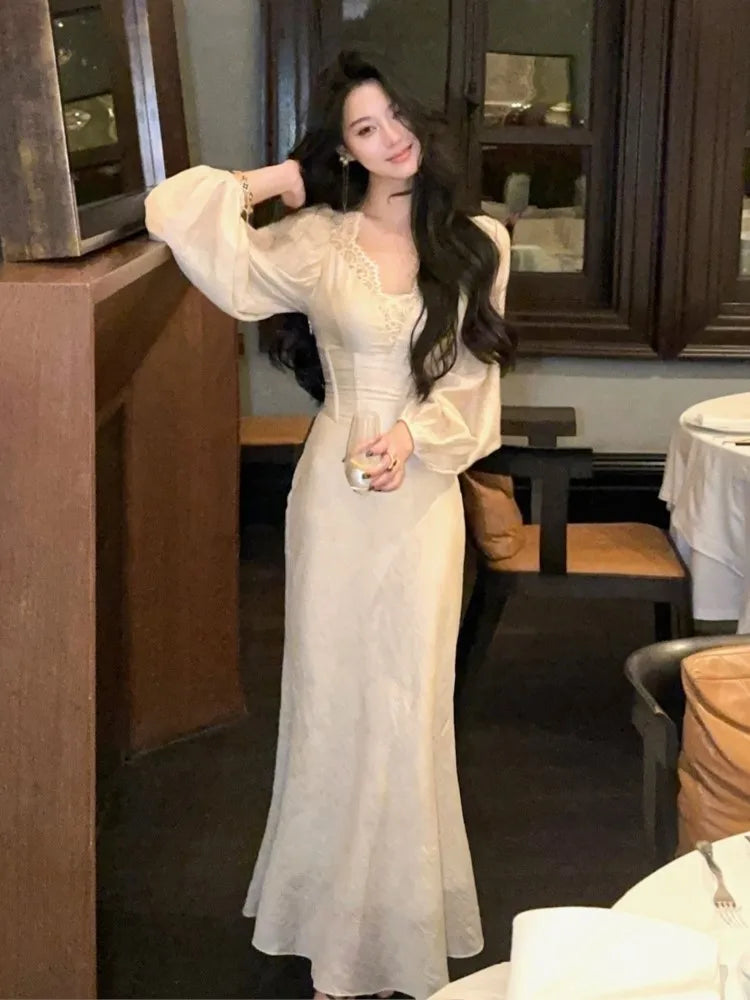 qgtao Autumn Bodycon Midi Dresses for Women Lantern Sleeve Lace V-neck Slim Waist Mermaid Wedding Evening Party Dress Female Vestidos