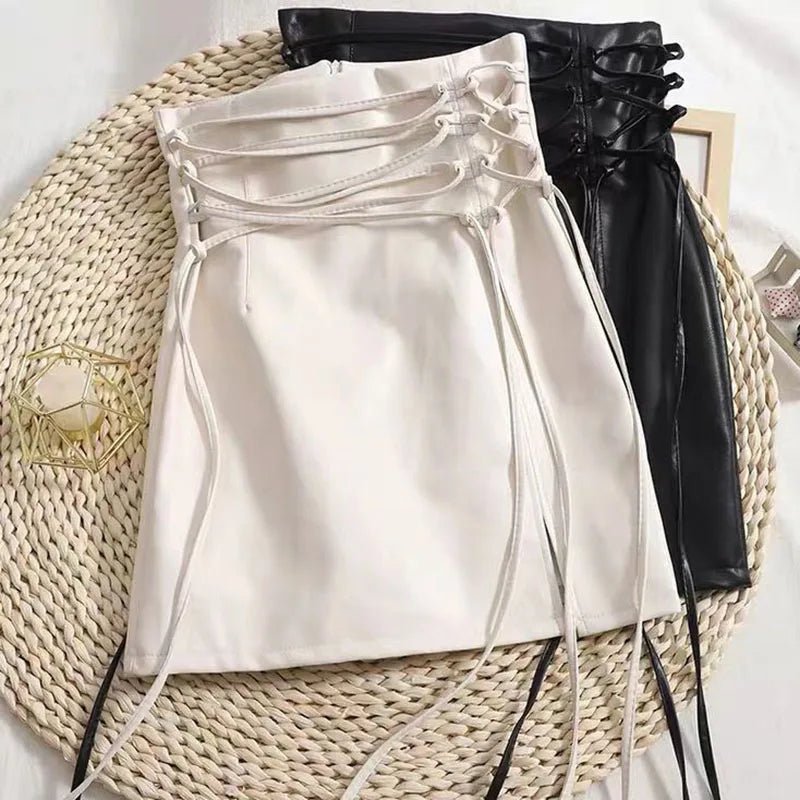 qgtao Black Leather Mini Skirts Women Gothic High Waist Slim Fit Lace-Up Pencil Skirt Female Sexy Club Back Zipper Split Bag Hip Skirt