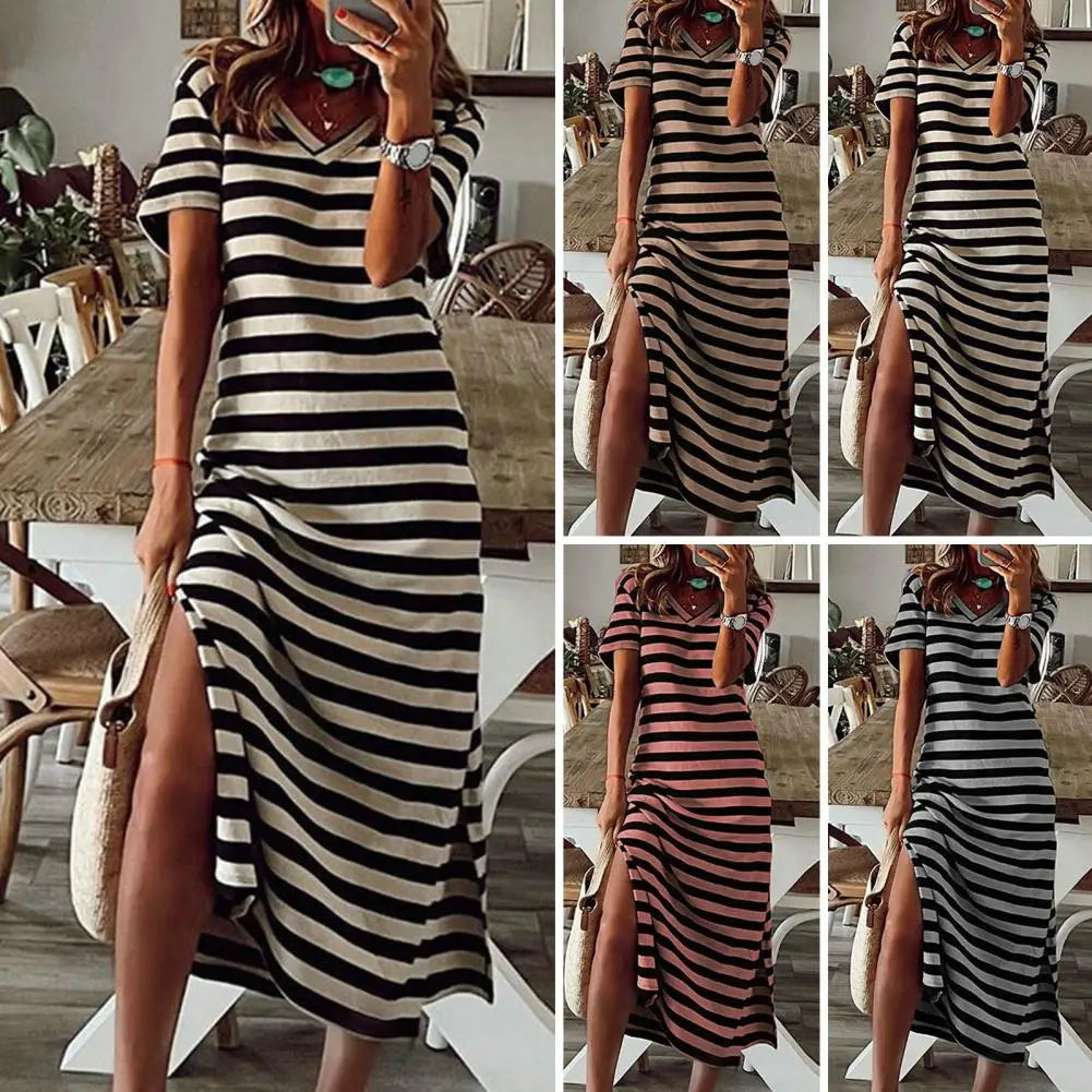 qgtao Summer Dresses 2024 Woman Plus Size Dresses For Women Casual Stripe Print V-neck Short Sleeve Loose Long Dress Robe Femme