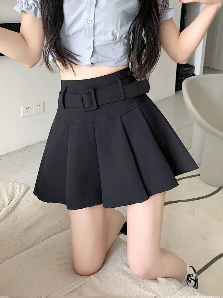 qgtao Japan Sweet Belt White Pleated Skirt Women Sexy High Waist Mini Skirt Summer Preppy Style Female Casual A Line Pink Skirt