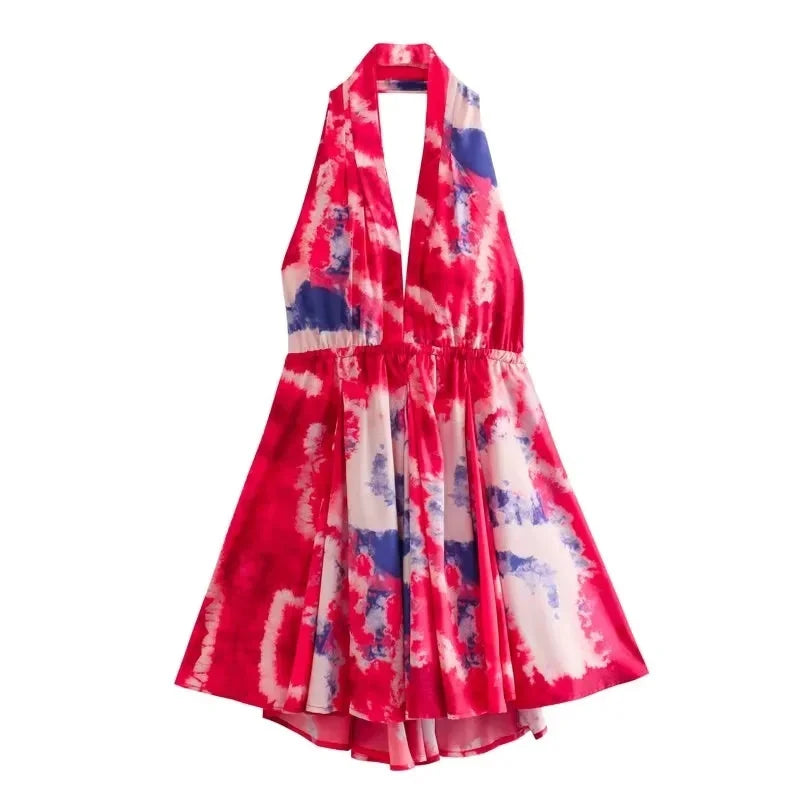 qgtao Boho Flower Print Halter Mini Dress Women Fashion 2023 Beach V Neck Sexy Backless Dress Holiday Party Dress